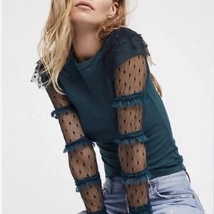 Free People Kiss Kiss Teal Lace Sleeve Top